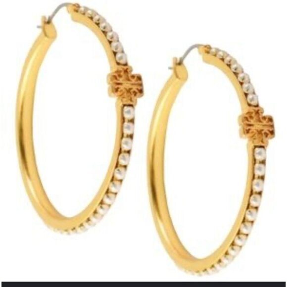 Tory Burch Gold Pearl Embellished Hoop Earrings Elegant Design Womens Jewelry - Picture 1 of 5